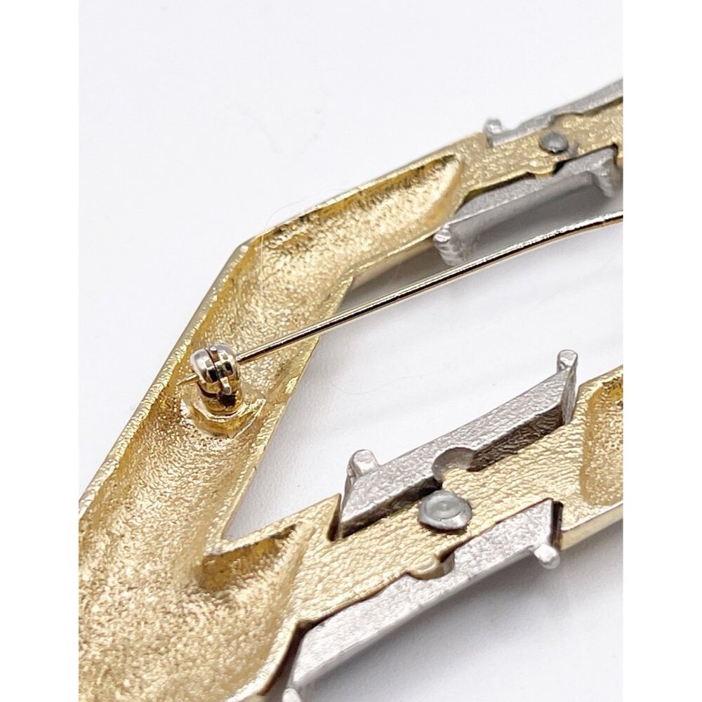Vintage 80s Statement Brooch Modernist Diamond Shape 2-Tone Mixed Metal 4.75” - Picture 2 of 5